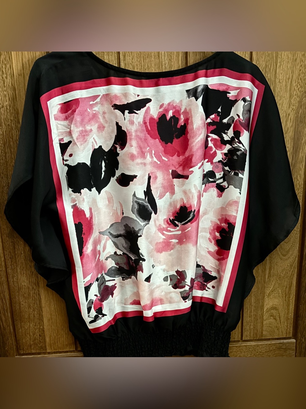 Blouse with Pink, Black, & White Floral Print- Silky, Batwing, & Lightweight